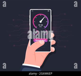 Smartphone mit Handgriff und Geschwindigkeitstest auf dem Bildschirm. Online-Verbindungsprüfung. Telefonanzeige. Internet-Seite schnelles Laden des Datenverkehrs, Engine Plugin-Test Stock Vektor
