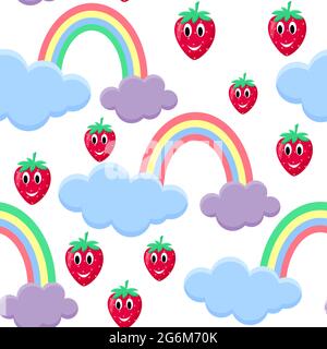 Kinder s nahtlose Muster mit Erdbeeren und Regenbogen, Vektor-Illustration. Charakter Beere auf einem Hintergrund von Regenbogen und Wolken. Netter Hinterkopf Stock Vektor