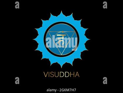 Fünftes Kehlkopfchakra visuddha mit dem Hindu-Sanskrit-Samenmantra VAM. Blaues und goldenes flaches Designsymbol für Meditation, Yoga. Round Logo-Vorlage Stock Vektor