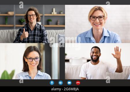 Lächelnde Männer und Frauen machen Online-Videochat, Bildschirmansicht Stockfoto