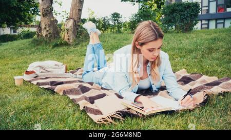 Junge Studentin, die in einem Notizbuch neben dem Buch schrieb, während sie auf einer Decke im Park lag Stockfoto