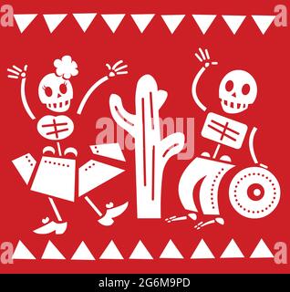 Ein männliches und weibliches Skelett, das beim mexikanischen Fest von Dia de los Muertos - Tag der Toten tanzt Stock Vektor