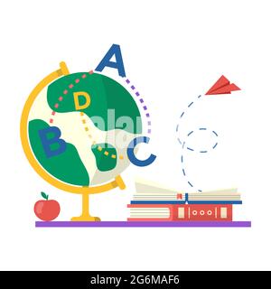 Schulglobus mit Briefen und offenem Buch, Symbol isoliert auf weißem Hintergrund. Vektorgrafik flach. Zurück zum Schulkonzept. Stock Vektor