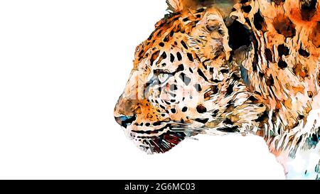 Digitales Aquarell- und Tintenportrait eines Leoparden isoliert auf weißem Hintergrund mit Platz für Text Stockfoto