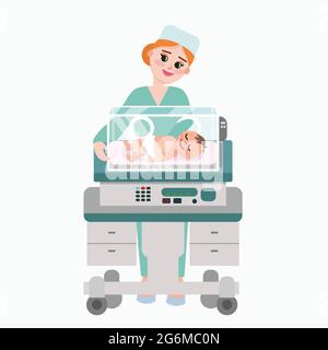 Vektor-Illustration von Kinderarzt Arzt mit Baby. Krankenschwester, die das neugeborene Kind im Inkubator untersucht. Kinderklinik im flachen Stil. Stock Vektor