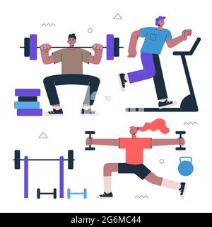 Gesundes Lifestyle Fitness und Street Workout Sport-Übungen Konzept. Personen hocken mit Langhantel, laufen auf dem Laufband und morgens wärmen sie sich mit Kurzhanteln auf. Kardio-Fitness-Studio und Workout-Vektor-Illustration Stock Vektor