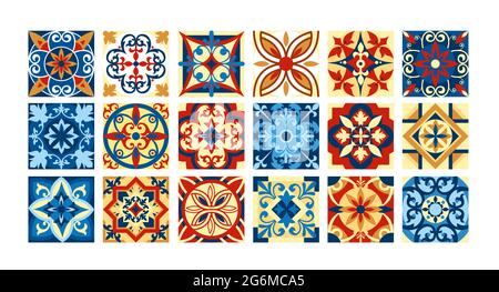Vektor-Illustration Kollektion von Keramikfliesen in Retro-Farben. Eine Reihe von quadratischen Mustern im ethnischen Stil. Vektorgrafik. Stock Vektor