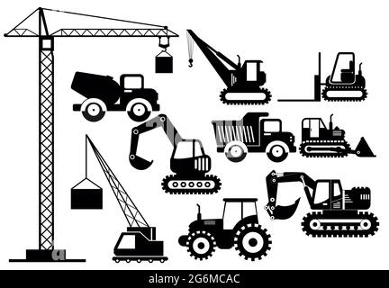 Vektor-Illustration Satz von Baggern und schweren Baumaschinen Ikonen. Silhouette Illustration Ausrüstung und Maschinen auf weißem Hintergrund. Stock Vektor