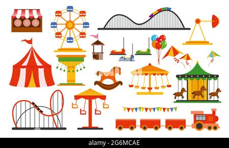 Vektor-Illustration Vergnügungspark Elemente auf weißem Hintergrund. Familienruhe im Fahrpark mit buntem Riesenrad, Karussell, Zirkus im flachen Stil. Stock Vektor