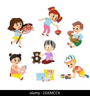 Vektor-Illustration Set von Kindern spielen mit Spielzeug. Kleines Mädchen, das auf einem Holzpferd reitet, Junge, der einen Teddybär umarmt, und andere Spielzeuge im Cartoon-Flat-Stil. Stock Vektor