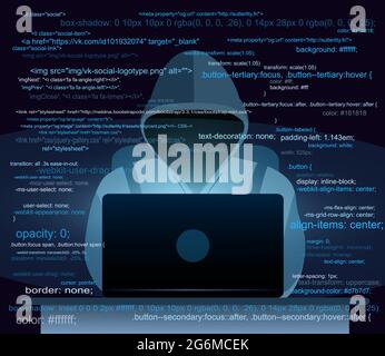 Vektor-Illustration von Hacker mit Laptop, Hacking das Internet auf dunkelblauem Hintergrund, Computer-Sicherheitskonzept, E-Mail-Spam mit Codes in der Wohnung Stock Vektor