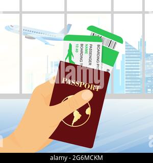 Vektordarstellung eines Handpasses mit Tickets im Hintergrund des Flughafens. Konzept Reise und Tourismus. Stock Vektor