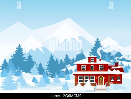 Vektor-Illustration der Winterlandschaft mit Bergen und roter Farbe cote bedeckt von Schnee im Wald. Stock Vektor