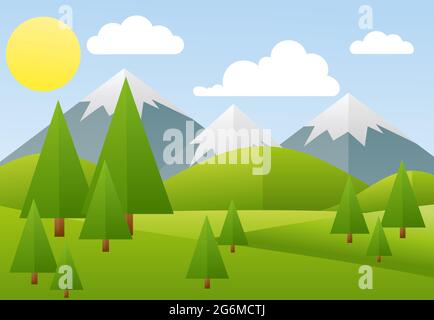 Vektordarstellung von Frühlingslandschaft, Berg, Wald im flachen Stil. Stock Vektor