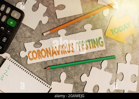 Handschriftenschild Coronavirus Testing. Wort, das auf der Sammlung von Proben eines lebensfähigen Patienten geschrieben wurde, um SARSCoV2 zu identifizieren, der ein unvollendetes Weiß aufbaut Stockfoto