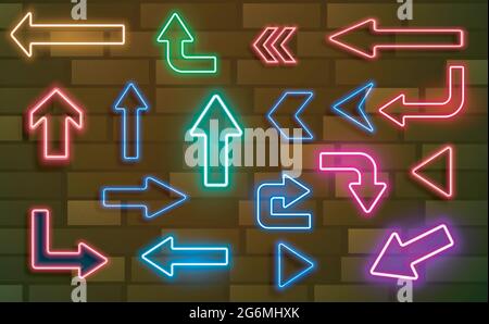 Set aus leuchtenden Neonpfeilen. Leuchtende Neon-Pfeil-Zeiger auf Backstein Wand Hintergrund. Stock Vektor