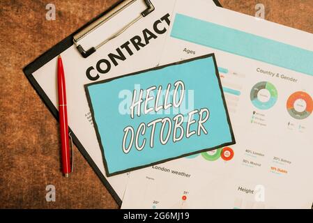 Konzeptionelle Bildunterschrift Hallo Oktober. Begrüßung im Business Showcase zur Begrüßung des 10. Monats des Jahres Neue Vertragsunterzeichnung Home Insurance Plans Stockfoto