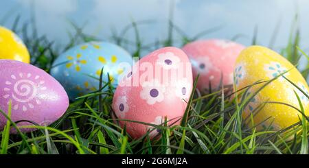 Verzierte Ostereier, die sich an einem schönen Frühlingstag im Gras verstecken Stockfoto