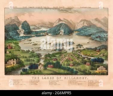 The Lakes of Killarney, nach einem Currier & Ives-Druck, der 1868 veröffentlicht wurde. Die Seen sind eine der Hauptattraktionen im Killarney National Park, County Kerry, Republik Irland. Stockfoto