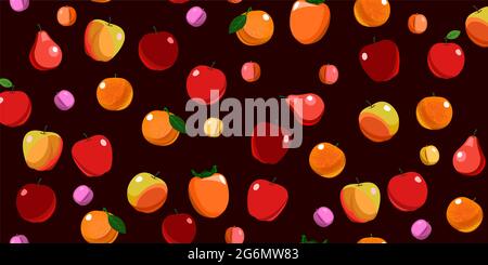 Die beliebtesten Früchte sind Obstbäume in den Tropen und gemäßigten Klimazonen. Hintergrundbild. Flacher Cartoon-Stil. Äpfel, Birnen, Pflaumen, Orangen Stockfoto