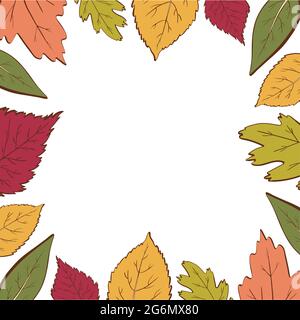 Herbstlaub Hygge Rahmen für Ihren Text isoliert auf weißem Hintergrund. Vektor bunte botanische Illustration. Handgezeichnete Doodle-Vektor-Blätter im Linien-Art- oder Umrissstil. Stock Vektor