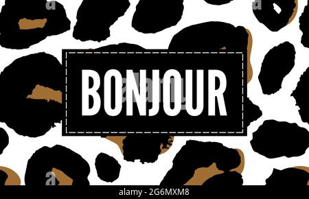 Dekorativer BONJOUR HELLO Text mit Leopardenhaut Stock Vektor