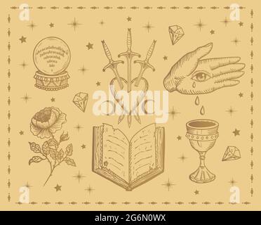 Magische Hexe Symbole: Zauberbuch, Zaubertrank, Zauberkugel, Hand, Rose, Schwert, Herz, Okkulte Hexerei Stock Vektor