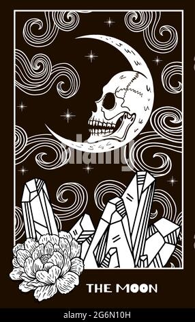mondtarot-Karte mit Totenkopf-Gesicht, Kristallen und Blume Stock Vektor