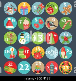 Adventskalender. Weihnachten dezember Kalender, Weihnachten Advent Zahlen mit Winterurlaub Design-Elemente. Stock Vektor