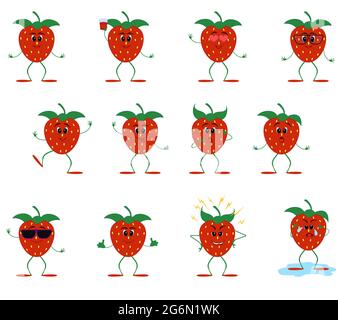 Cartoon rote Erdbeere Charakter Emotion auf weiß isoliert gesetzt. Niedliches oranges Gemüse Obst Maskottchen. Vektorgrafik. Stock Vektor