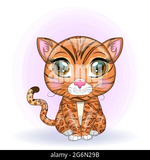 Bengal Katze mit schönen Augen im Cartoon-Stil, Hybrid, bunte Illustration für Kinder. Bengalkatze mit charakteristischen Flecken und Farben Stock Vektor