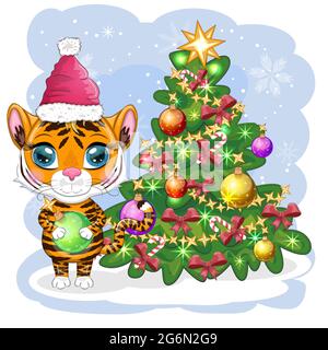 Cartoon Tiger in einem weihnachtsmann Hut mit einem Ball in der Nähe des weihnachtsbaums. Kinderstil, niedlich. Symbol des Jahres 2022. Grußkarte Stock Vektor