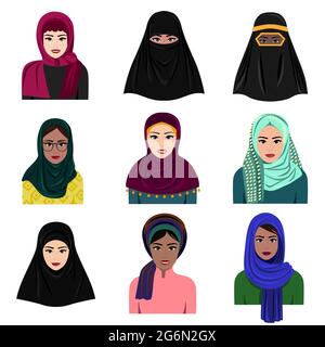 Vektor-Illustration von verschiedenen muslimischen arabischen Frauen Charaktere in Hijab-Ikonen gesetzt. Islamische saudi-arabische ethnische Frauen in traditioneller Kleidung in einer Wohnung Stock Vektor