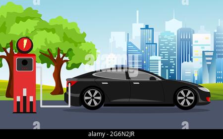 Vektor-Illustration von schwarzem Elektroauto und Ladestation grünen Baum, Sonne, blauer Himmel Hintergrund. Vektor Elektroauto Infografik Konzept. Stock Vektor