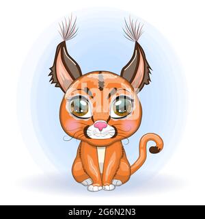 Caracal Steppe Luchs mit schönen Augen im Cartoon-Stil, bunte Illustration für Kinder. Karakalkatze mit charakteristischen Ohren, Flecken und Farbe Stock Vektor