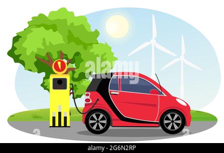 Vektor-Illustration von Elektroauto rote Farbe auf Ladestation mit Windmühlen, grünen Baum, Sonne, blauer Himmel Hintergrund. Vector Elektroauto Stock Vektor