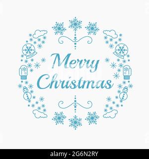 Vektordarstellung von Weihnachtssymbolen in blauer Farbe auf weißem Hintergrund. Weihnachtskarte in Linie flach Stil mit Kranz. Stock Vektor