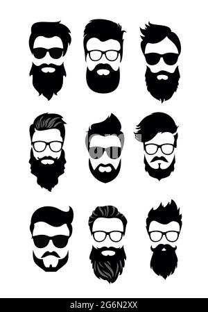 Vektor-Illustration eines Sets von Vektor-bärtigen Männern Gesichter, Hipster mit verschiedenen Haarschnitten, Schnurrbärte, Bärte. Silhouetten Männer Haarschnitte flachen Stil. Stock Vektor