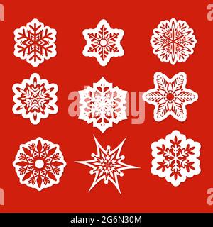 Vektor-Illustration von schönen Schneeflocken für weihnachten Winter-Design in flachem Stil auf rotem Hintergrund gesetzt. Stock Vektor