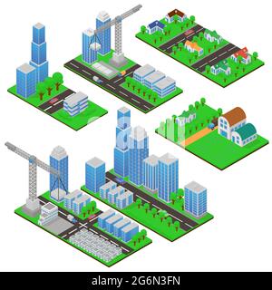Isometrische Gebäude und Baukonstruktionen mit Bäumen und Straßen. Öffentliche Gebäude, Landhäuser, Wohnkomplexe und Wolkenkratzer in 3d Stock Vektor