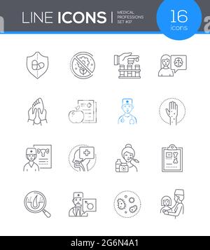 Medizinische Berufe - Liniendesign Stil Symbole gesetzt. Behandlung, gesundheitliche Probleme. Immunologe, Allergologe, Dermatologe, Massagist, Psychiater, gy Stock Vektor