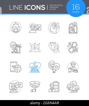 Psychologische Probleme - Linie Design Stil Symbole gesetzt. Vorstellung von psychischer Gesundheit. Angst, Depression, Narzissmus, emotionales Burnout, Technologieabhängigkeit. Ea Stock Vektor
