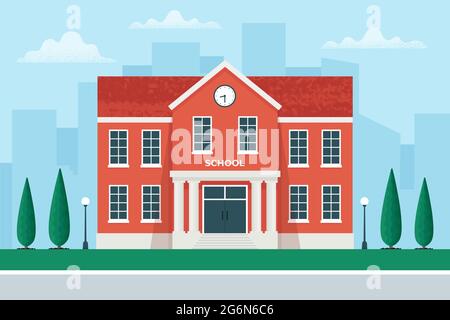 Schulgebäude im Hintergrund der Stadt. Altes Schulhaus außen, zurück zum Studium, zurück zum Schulkonzept. Vektorgrafik im flachen Stil Stock Vektor