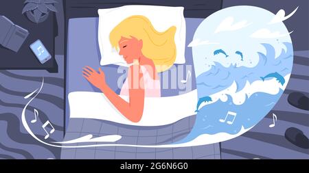 Cartoon schöne junge Frau Charakter im Bett im Schlafzimmer im Inneren liegend, hören Musik Hintergrund entspannen. Glücklich gesundes schlafendes Mädchen, ruhige Musik Stock Vektor