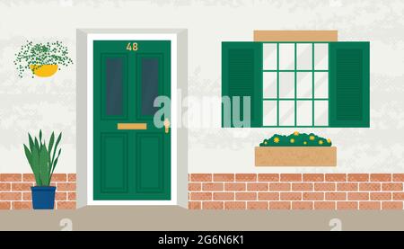 Vordere Holztür und Fenster. Haus alte Fassade mit Blumen in Töpfen. Fassade des Wohnhauses. Vektor-Illustration mit flachem Design Stock Vektor