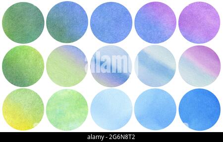 Abstrakte Aquarell Kreise Kollektion in blau violett grün gelb Farben. Aquarellfarben werden isoliert auf weißem Hintergrund gesetzt. Aquarellpalette. Wa Stockfoto