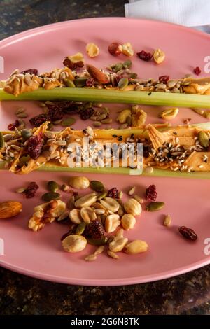 Gesunde Snack Erdnussbutter Sellerie oder Ameisen auf einem Log mit gemischten Nüssen und Samen Stockfoto