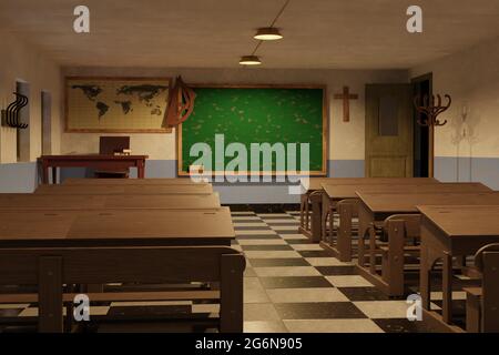 Altes Klassenzimmer mit elektrischem Licht beleuchtet. 3D-Illustration Stockfoto