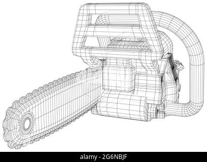 Motorsäge Benzin Schneider Maschinentechnik. EPS10-Format. Drahtrahmen Vektor aus 3d erstellt Stock Vektor