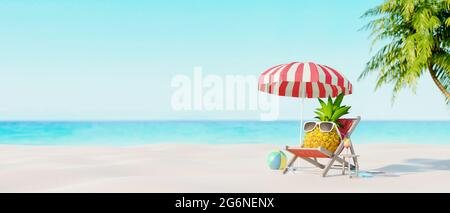 Ananas mit Sonnenbrillen ruhen und trinken Cocktail am Strand, Sommerferienkonzept 3d Rendern 3d-Illustration Stockfoto